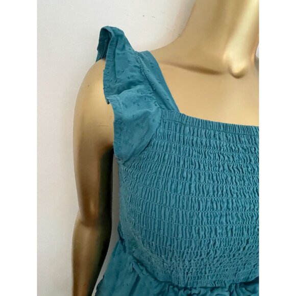Vintage Y2K Old Navy Teal Smocked Dress With Ruffle Straps & Skirt Cottagecore - Picture 4 of 12